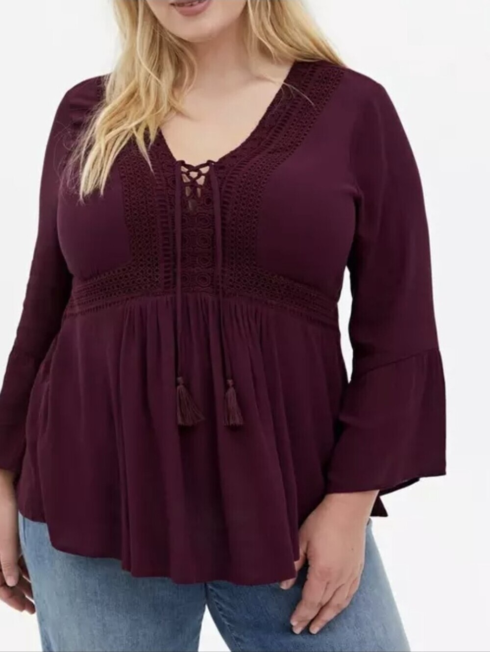 torrid Maroon Lace-Trim Boho Babydoll Gauze Crochet Trim Lace-Up Top Size 2X